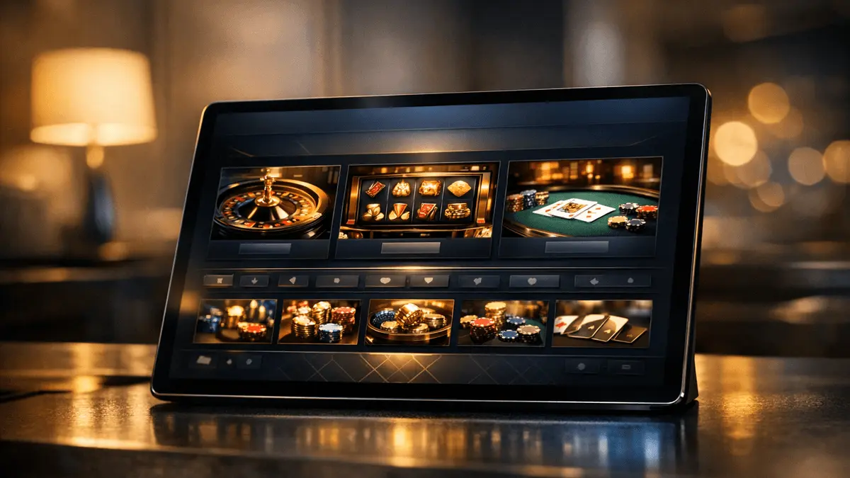 Premium online casino platform interface displayed on digital device with luxury ambiance