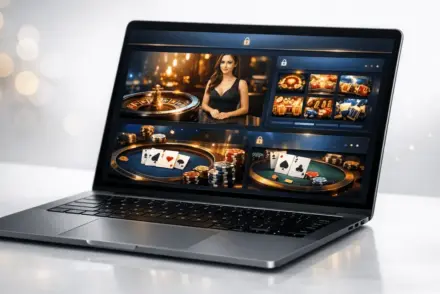 Premium online casino platform interface displayed on modern laptop with elegant design elements