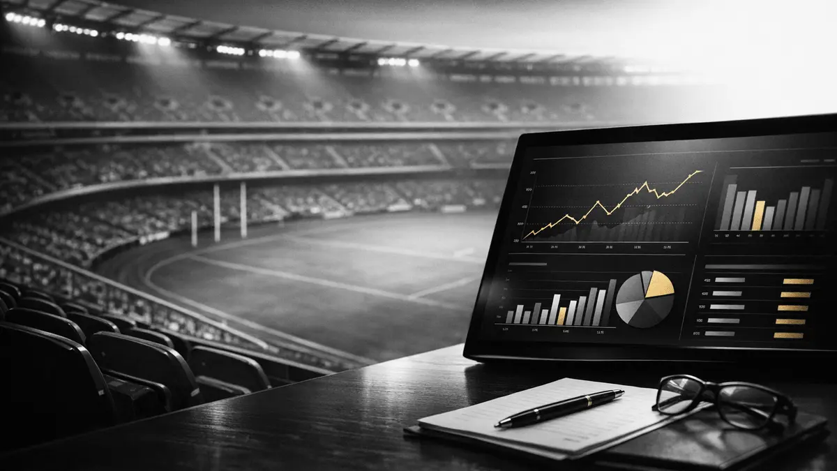 Sophisticated black-and-white sports betting analytics dashboard with gold accents and stadium architecture for Australian betting guide.
