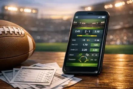 Sports betting mobile app displayed on smartphone with football and betting tickets on desk