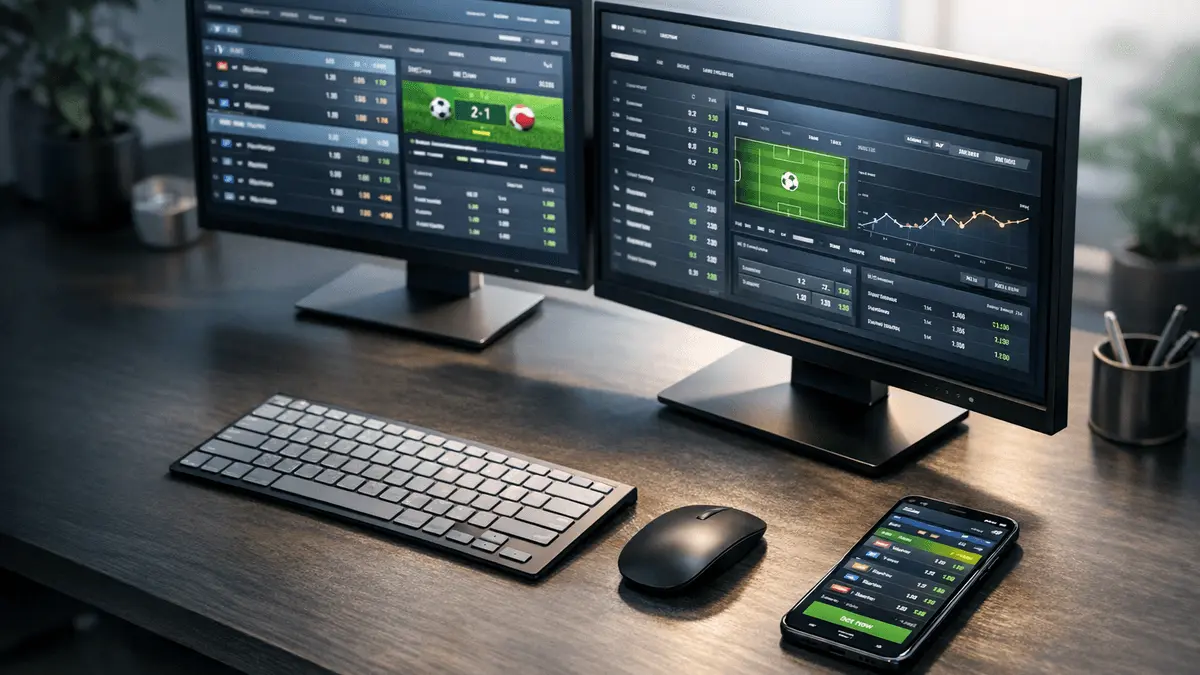 Modern sports betting platform interface displayed on computer monitors in a professional workspace
