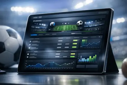 Modern sports betting platform interface on digital device with sports statistics