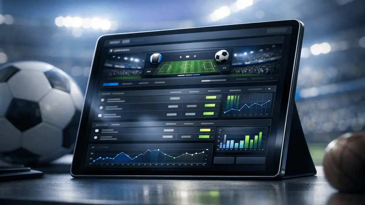 Modern sports betting platform interface on digital device with sports statistics