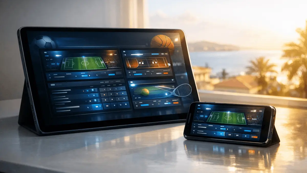 Digital sports betting platforms displayed on mobile devices with Mediterranean background, representing top betting sites in Cyprus