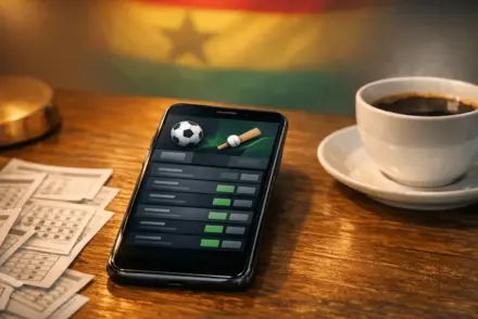 Mobile sports betting platform interface displayed on smartphone with Ghanaian market elements and professional dashboard design