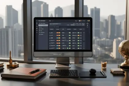 Professional sports betting research workspace with Hong Kong skyline view and minimalist desktop setup