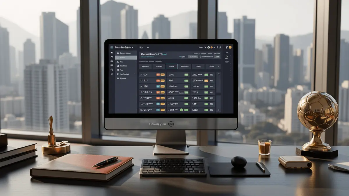 Professional sports betting research workspace with Hong Kong skyline view and minimalist desktop setup