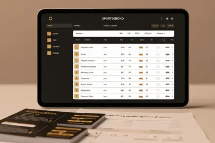 Professional sportsbook interface and sports betting analytics displayed on modern devices in a sophisticated editorial setting