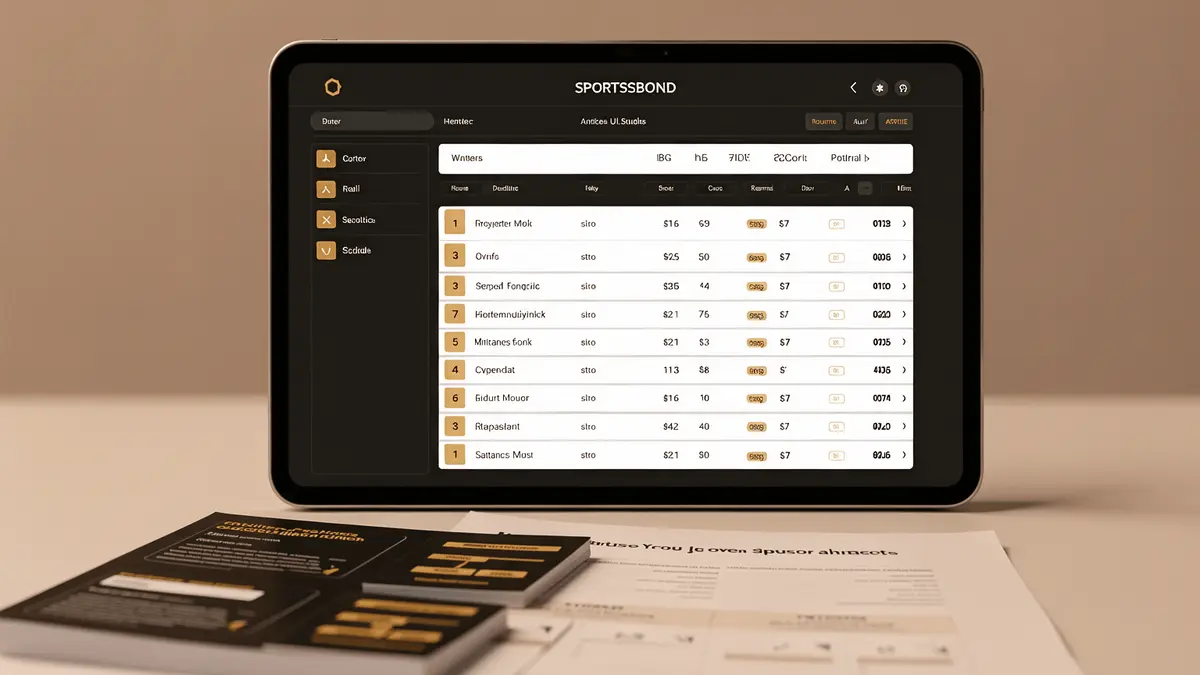 Professional sportsbook interface and sports betting analytics displayed on modern devices in a sophisticated editorial setting