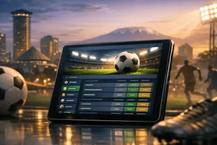 Sports betting platform interface with Kenyan sports imagery and modern digital design elements