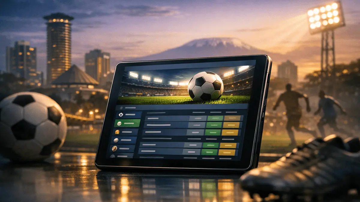 Sports betting platform interface with Kenyan sports imagery and modern digital design elements