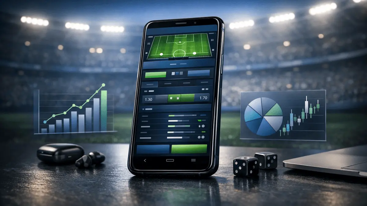 Smartphone displaying modern sports betting interface with football stadium ambiance and data analytics