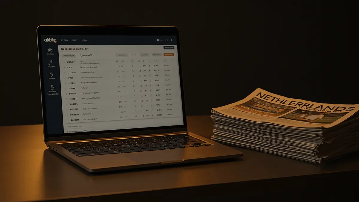 Professional sports betting analysis setup with laptop, newspapers and betting guides