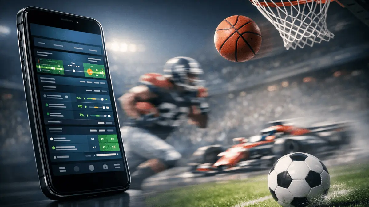 Digital sports betting interface with live sports action on smartphone screen