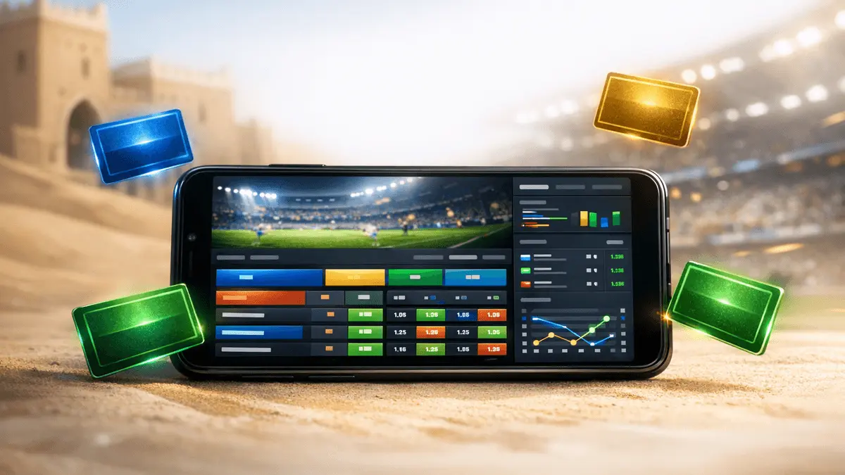 Modern mobile sports betting platform interface with Saudi Arabian design elements and multiple sportsbook options