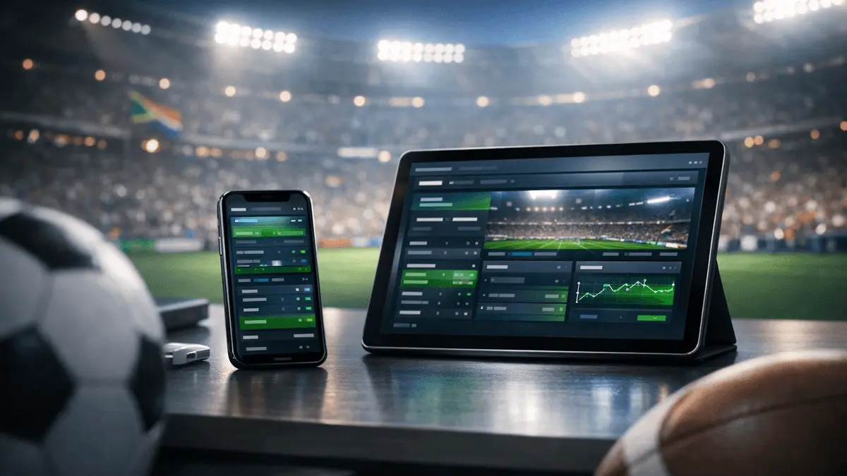 Modern sports betting platform on smartphone and tablet with stadium backdrop for South African betting sites