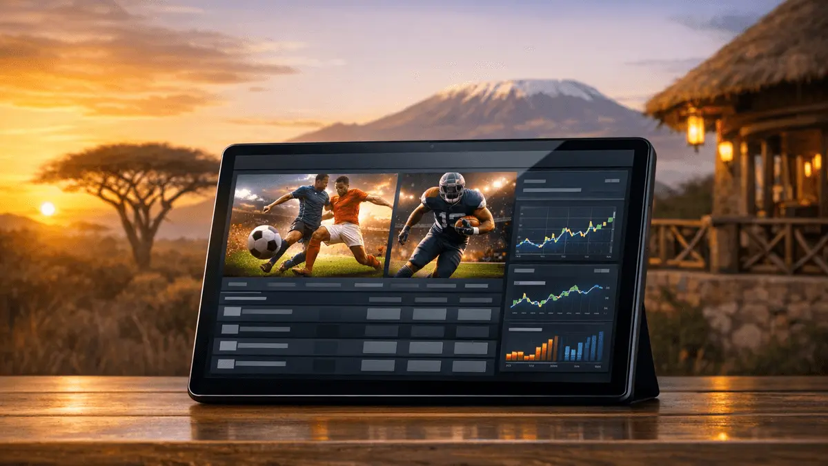 Modern sports betting platform interface with Tanzanian landscape backdrop and athletic imagery