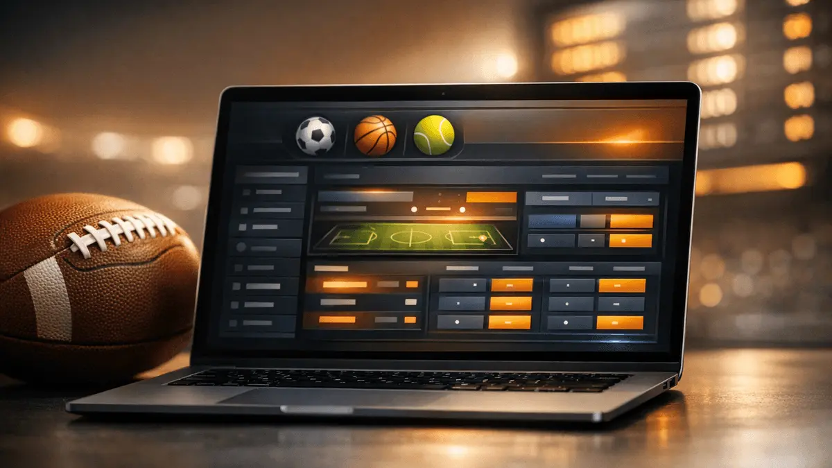Modern sports betting platform interface on laptop with football and sports elements, professional dashboard design