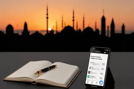 Turkish sports betting research and comparison guide illustration with modern Istanbul skyline and professional workspace.