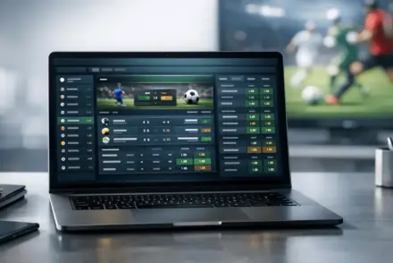 Modern sports betting dashboard displayed on laptop with live odds, professional workspace, cool blue and gold color palette