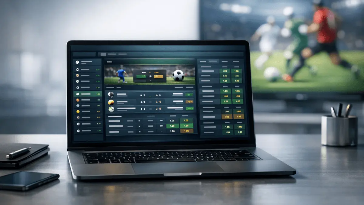 Modern sports betting dashboard displayed on laptop with live odds, professional workspace, cool blue and gold color palette
