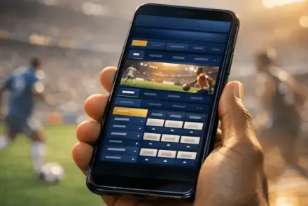 Modern smartphone displaying sports betting platform interface with stadium atmosphere in background