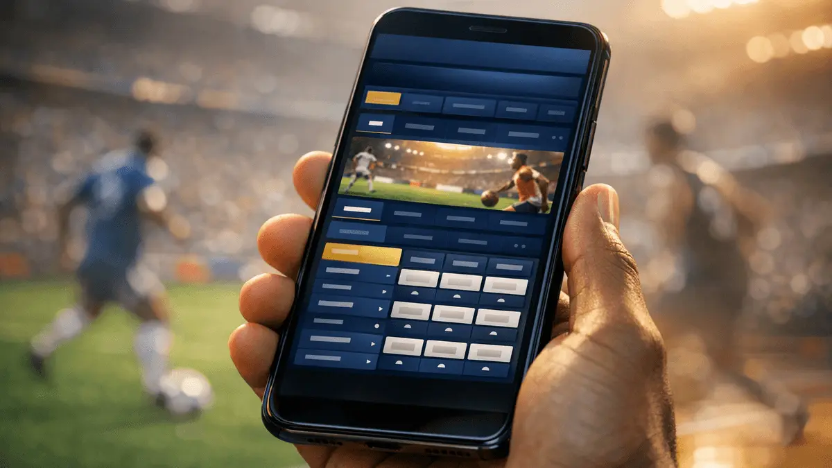 Modern smartphone displaying sports betting platform interface with stadium atmosphere in background