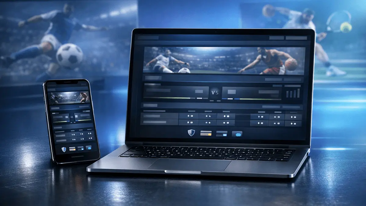 Modern sports betting platform displayed on smartphone and laptop screens with dynamic sports action in background
