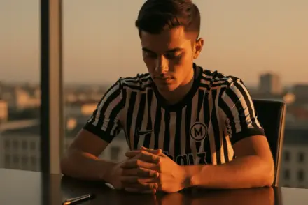Young footballer in boardroom contemplating transfer decision with golden hour lighting