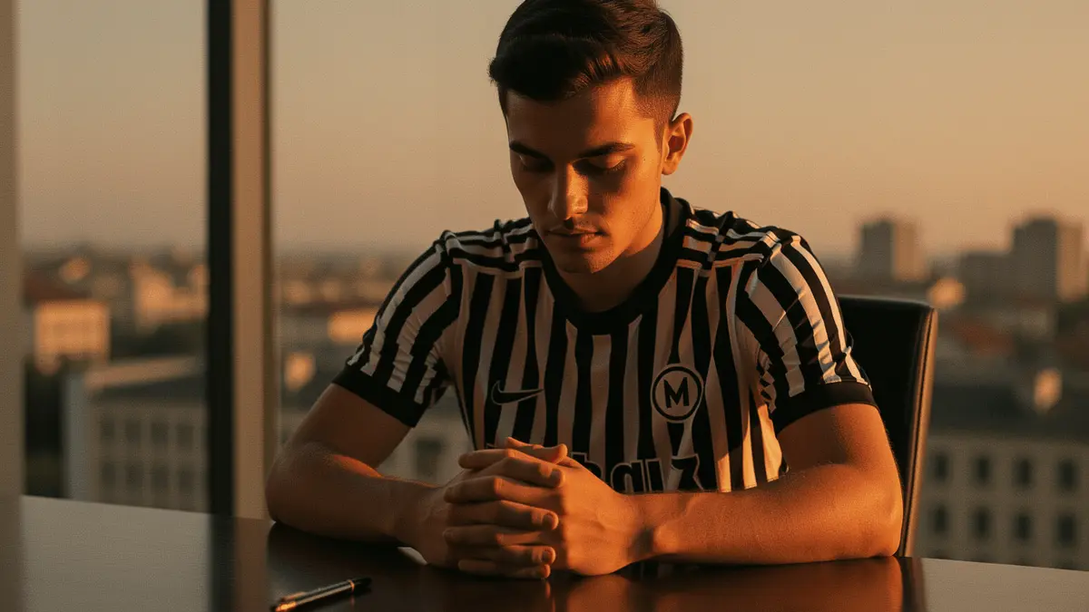 Young footballer in boardroom contemplating transfer decision with golden hour lighting