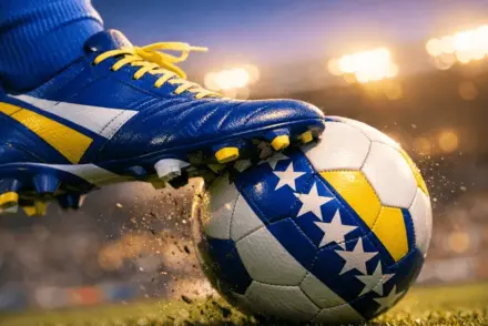 Football boot striking match ball in stadium, blue and yellow national colours, floodlit evening lighting.