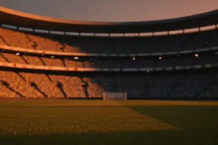 Golden-hour floodlit stadium at dusk with dramatic lighting and national colours, no players visible.