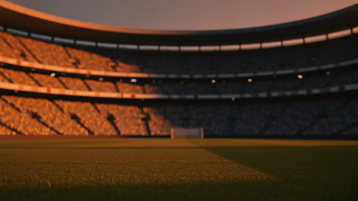 Golden-hour floodlit stadium at dusk with dramatic lighting and national colours, no players visible.