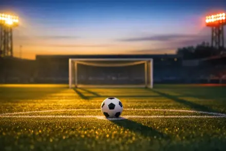 Empty floodlit stadium pitch at dusk with match ball on penalty spot, golden light casting long shadows