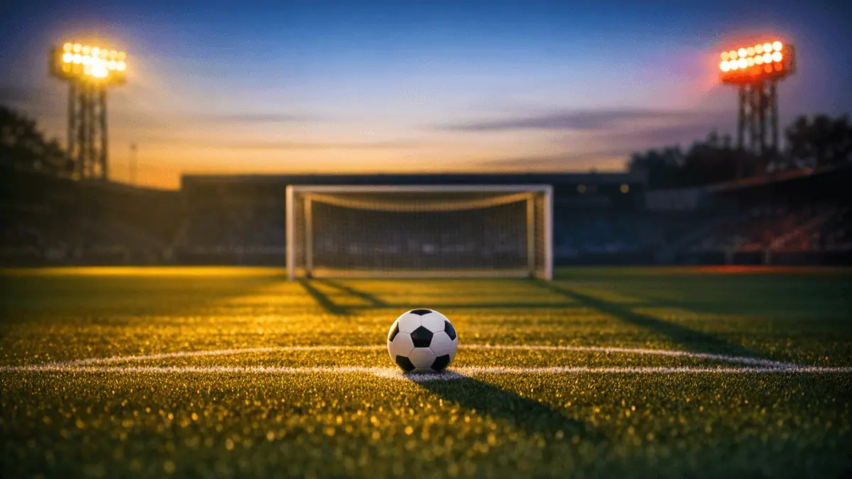 Empty floodlit stadium pitch at dusk with match ball on penalty spot, golden light casting long shadows