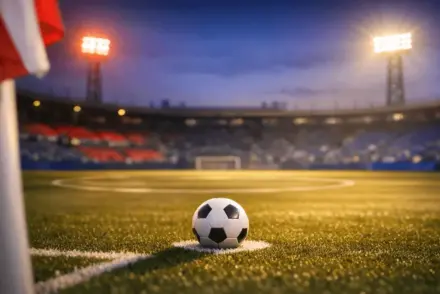 Floodlit football pitch at dusk with match ball on centre spot, dramatic shadows, red-white-blue stadium lighting.