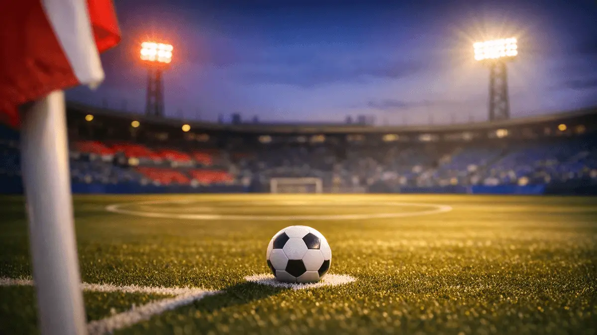 Floodlit football pitch at dusk with match ball on centre spot, dramatic shadows, red-white-blue stadium lighting.
