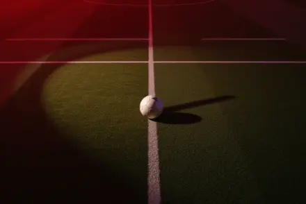 Empty floodlit football pitch at dusk with match ball on centre spot, lit in red and white tones.