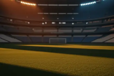 Empty floodlit stadium pitch at golden hour with dramatic shadow patterns and cinematic lighting, no people visible.