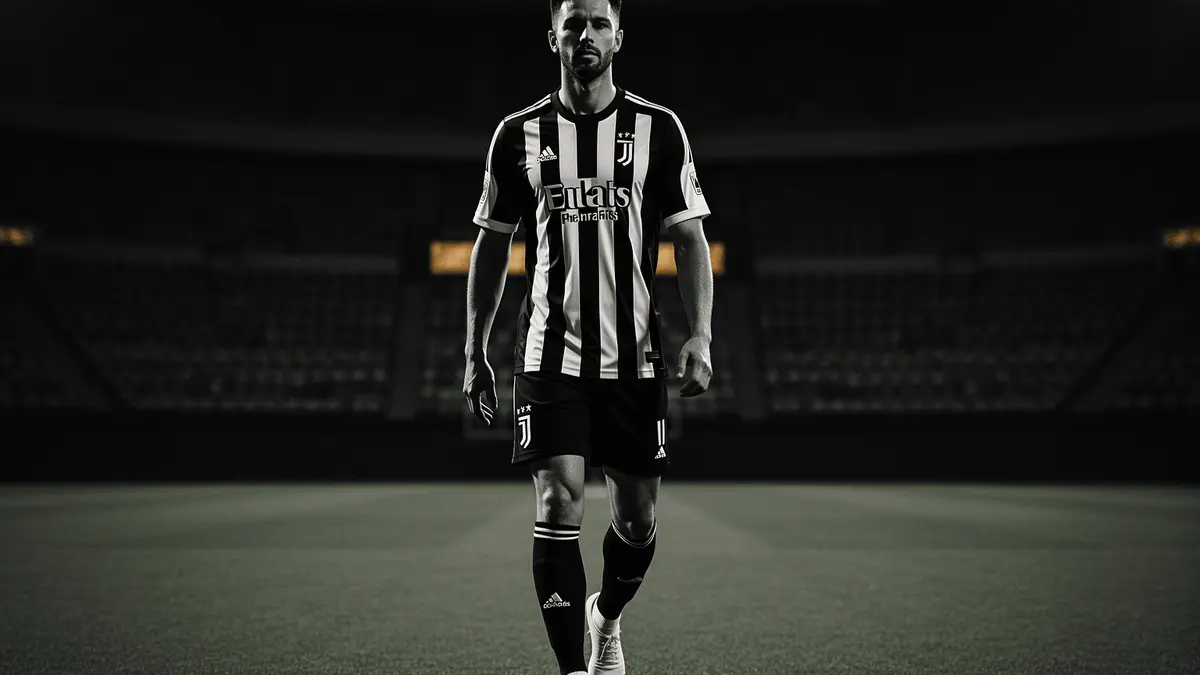Footballer in black and white striped jersey walking confidently in stadium with dramatic lighting