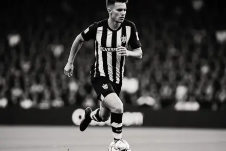 Football wing-back in black and white striped kit sprinting down touchline with ball in stadium match