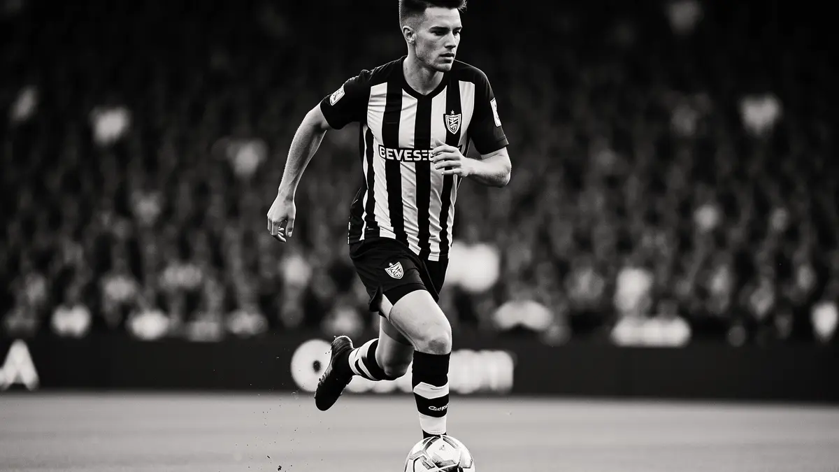 Football wing-back in black and white striped kit sprinting down touchline with ball in stadium match