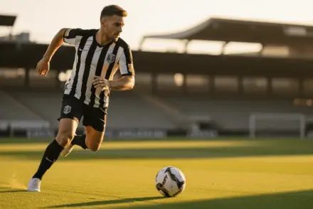 Professional footballer in black and white stripes running with the ball down the flank in modern stadium