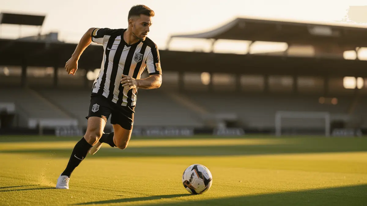 Professional footballer in black and white stripes running with the ball down the flank in modern stadium
