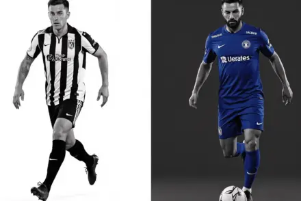 Football transfer concept showing left-back and striker in contrasting kits