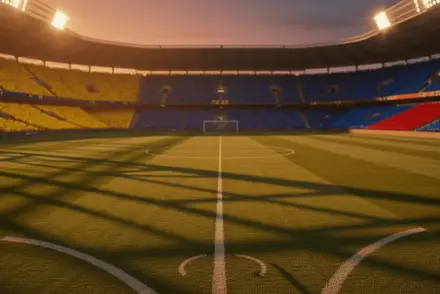 Floodlit stadium with Colombian and Congolese flag colours in packed stands, golden-hour pitch lighting, dramatic shadows.