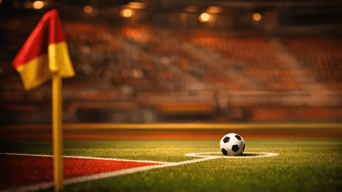 Football pitch under floodlights with ball on penalty spot, red and gold colour tones, empty stadium background, cinematic lighting.