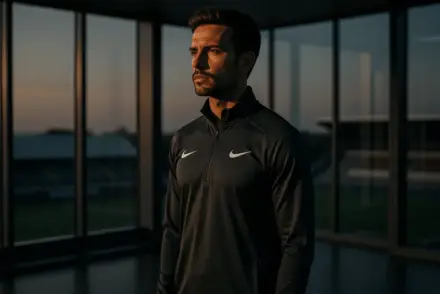 Footballer in boardroom at dusk contemplating contract negotiations and future decisions