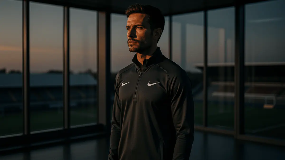 Footballer in boardroom at dusk contemplating contract negotiations and future decisions