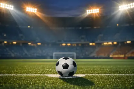 Floodlit football pitch at dusk with match ball on penalty spot, dramatic stadium lighting with orange, white, yellow and blue accent colours.